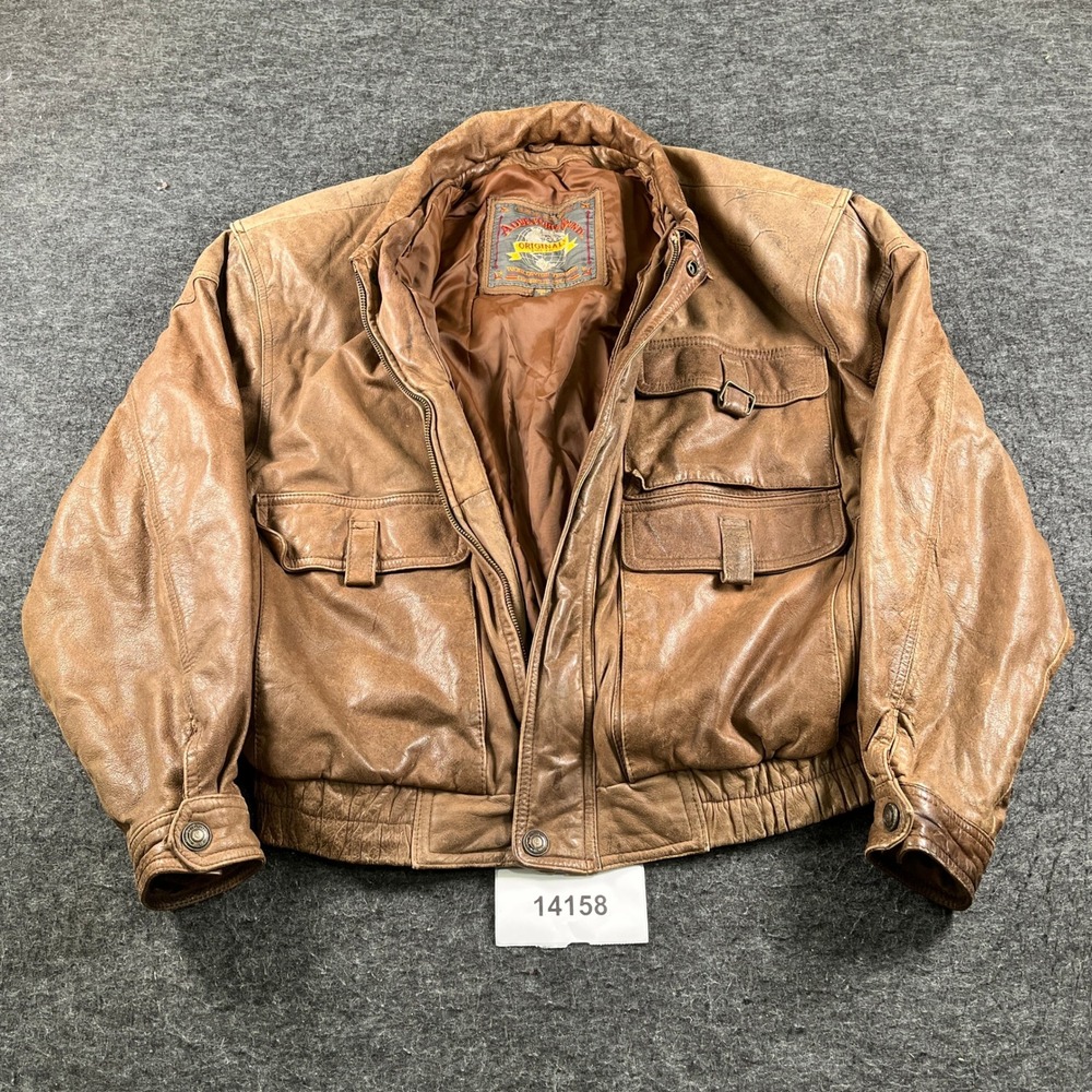 Vintage Adventure Bound Bomber Jacket Mens Large Brown Leather Lined Full Zip